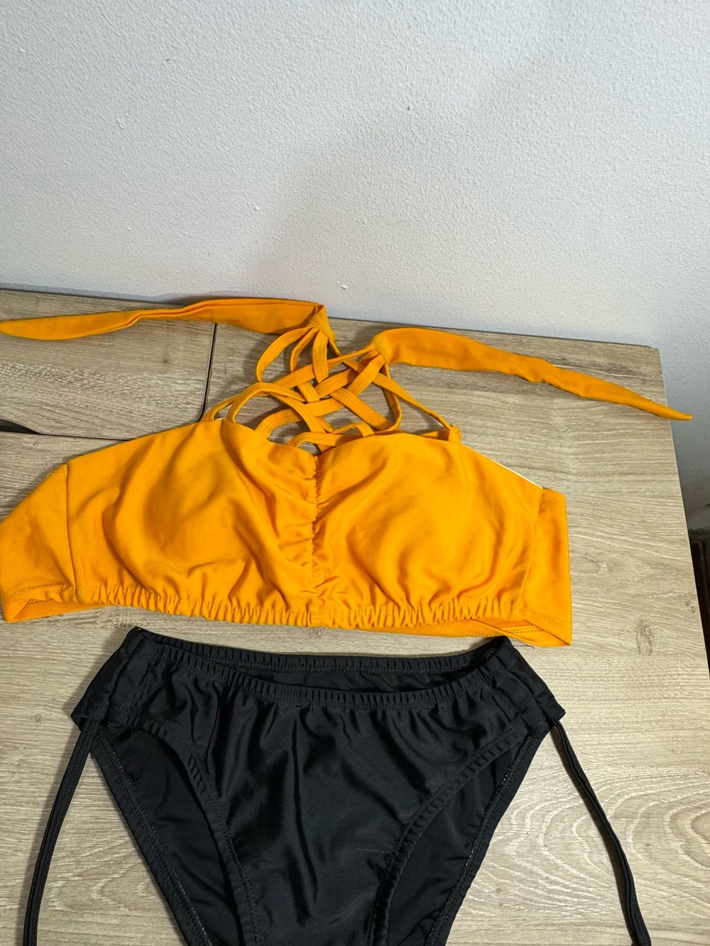 Strappy Halter Bandeau Swim Top & High-Waist Bottoms - Orange & Black size small